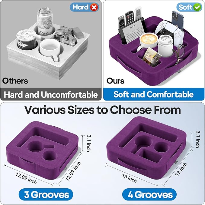 Couch Cup Holder Pillow, Sofa and Bed Caddy for iPad, Kindle, Switch, Game Controller, Remotes, Phones, Small-Sized Cup and Drink Holder for Couch, Bed, Desk, Car, Beach, Bathroom Cup Holder, Purple