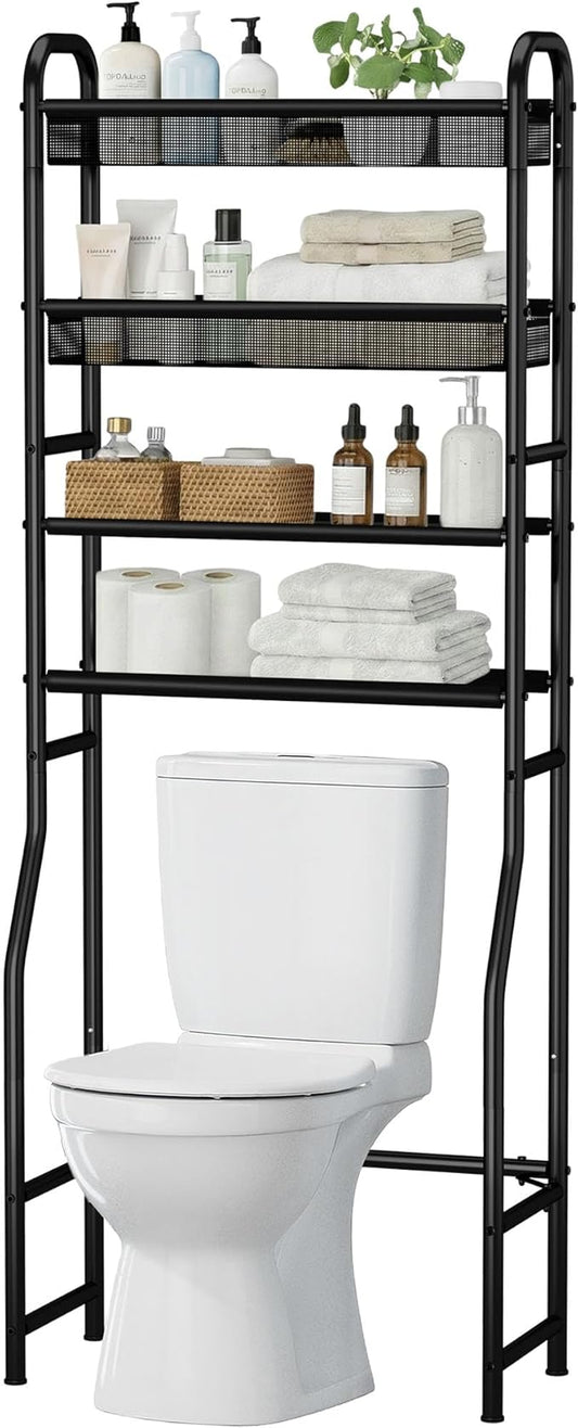 4-Tier Over The Toilet Storage Shelf and Rack | Above Toilet Organizer with Metal Frame & Vinyl Mesh, Space-Saving Unit for Bathroom and Laundry Room, Black