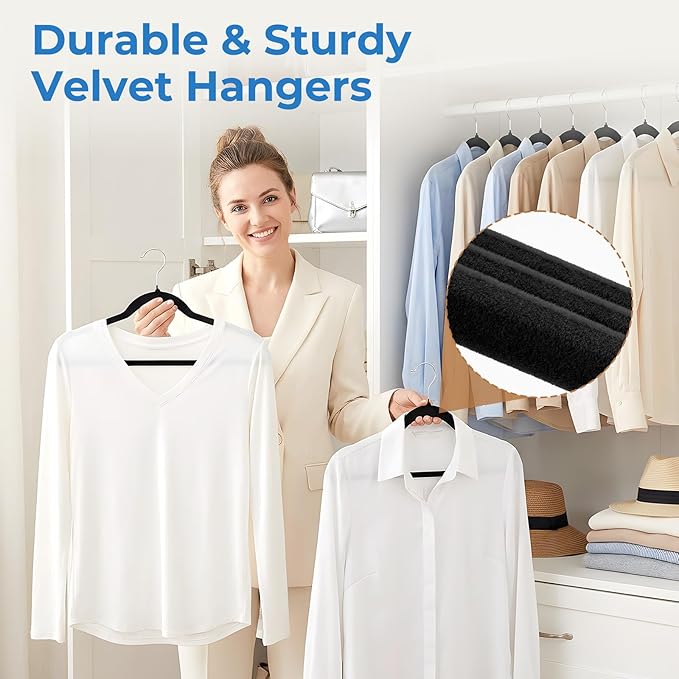 Smartor Black Velvet Hangers 120 Pack, Non Slip Clothes Hangers with Shoulder Notches, Premium Slim Space Saving Felt Hanger for Closet Organizers and Storage, Heavy Duty Hanger for Coat