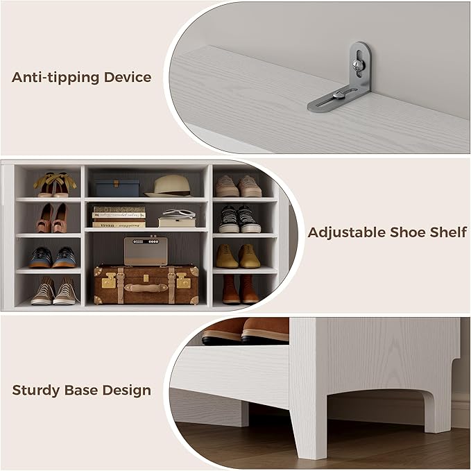IRONCK Hall Tree with Bench and Shoe Storage, 6-in-1 Entryway Bench with Coat Rack, Adjustable Shelf, Hanging Hooks, 11 Shoe Cubbies, 2-Tier Top Storage, for Entryway, Bedroom, Living Room, White