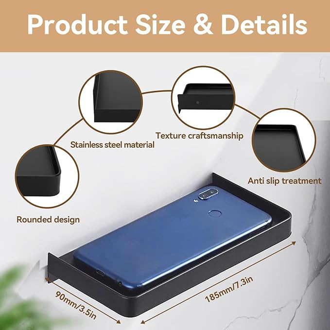 Cyrank Bathroom Cell Phone Shelf, Stainless Steel Wall Mount Toilet Phone Holder Toilet Small Floating Wall Shelves, 7.3x3.5 in (Black)