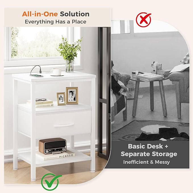 DUMOS Bedside Table with Charging Station and an Adjustable Fabric Drawer, and it is a Compact Nightstand, as Well as a 3-Tier Storage Organizer and an End Table for Bedroom, White