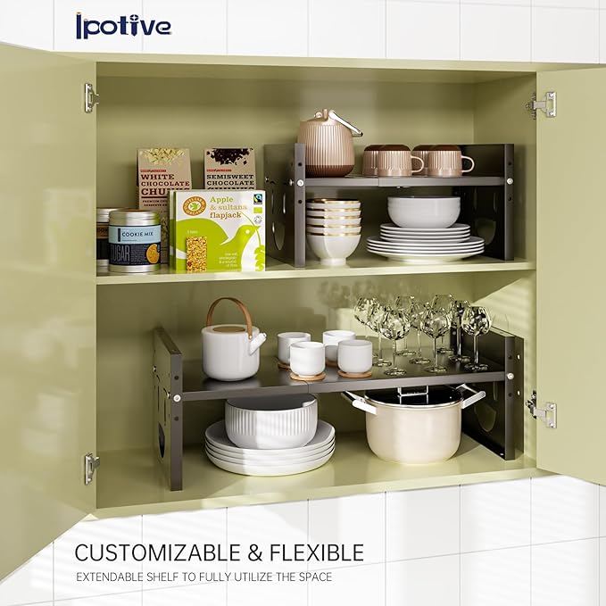 Fun-Face Expandable Cabinet Shelf Organizer,Adjustable Height & Width, Stackable Metal Storage Rack,Kitchen Spice Rack, Pantry Shelf, Countertops (1, Black)