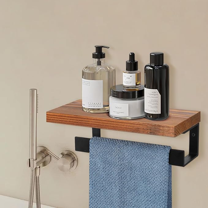 Hand Towel Holder/Towel Ring with Wooden Shelf, Hand Towel Rack, Hand Towel Hanger for Bathroom, Bath Accessories Wall Mounted, (Matte Black, 9"-Squ Shaped)