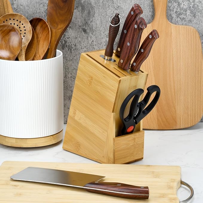 Wood Knife Block, Kitchen Knife Holder Countertop 6 Slots Knife Block with Scissors Slot Kitchen Knife Set for Knife, Scissor, Sharpenner Knife Organizer