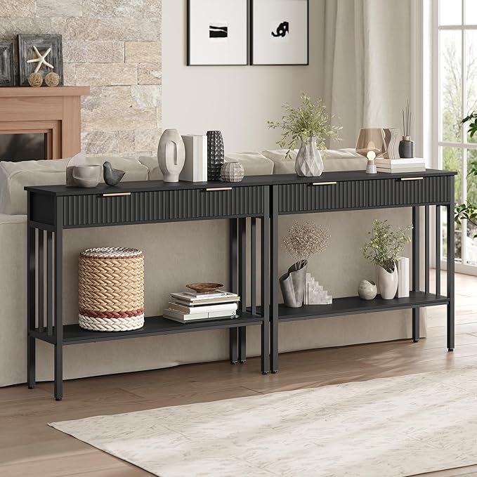 MAHANCRIS Console Table with 2 Drawers, Narrow Long Entry Table with Storage Shelf, 2-Tier Fluted Entryway Table with 2 Drawers, for Entryway, Living Room, Foyer, Hallway, Office, Black CTHB5101