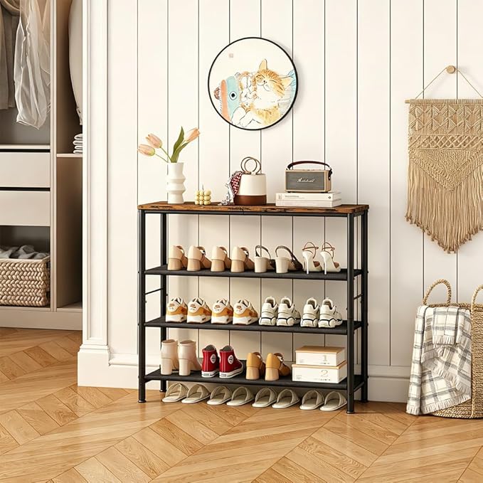 INGIORDAR Shoe Rack Organizer 4 Tier Metal Organizer Shelf with Industrial MDF Board and Layer Fabric for Entryway Closet Bedroom Living Room Garage,Black & Rustic Brown (Black+Rustic Brown, 4 Tier)