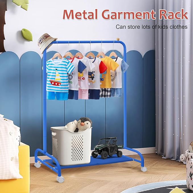 YGJT Kids Clothing Rack, Baby Clothes Rack for Hanging Clothes with Wheels and Bottom Storage Shelf, Small Toddler Garment Rack Kids Dress Up Storage Rack for Coats, Skirts, Dance Costume(Blue)