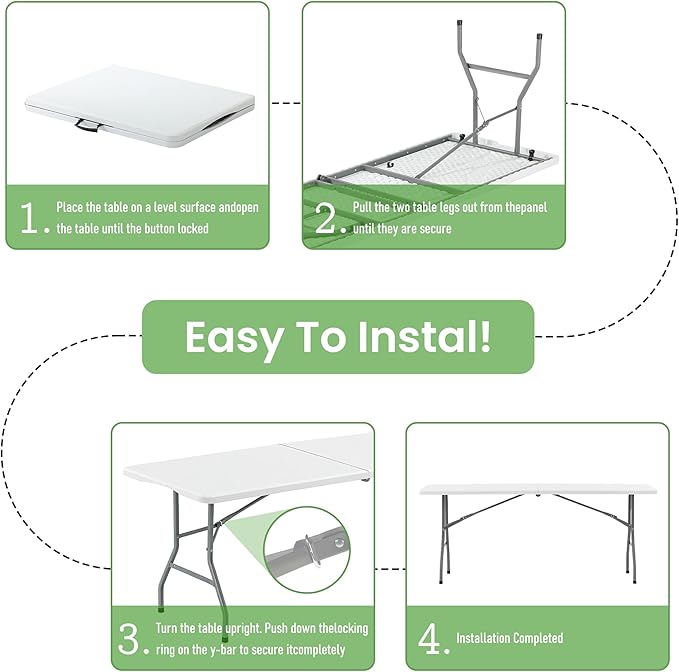 Folding Table 6FT Portable Heavy Duty Plastic Table with Carrying Handle Fold-in-Half Utility Foldable Tables for Parties Wedding Events Dining Indoor Outdoor Picnic (White)