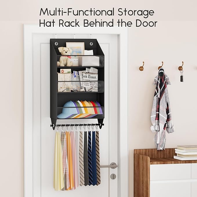 Homsorout Over the Door Hat Rack - 3-Layer Design Hat Organizer Holds 30-36 Hats with 10 Hooks, Ideal Hat Rack for Door, Over the Door Organizer for Closet, Apartment, Bedroom, Dorm, 2 Pack, Black