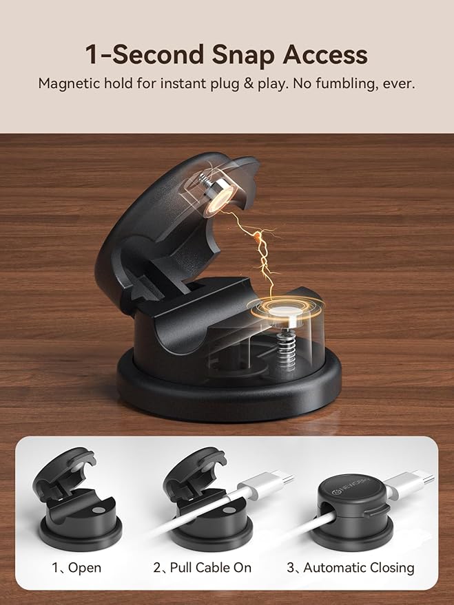 NEWDERY Magnetic Cable Organizer 6-Pack - 360° Rotatable Cable Clips Cord Holder for Desk - 3M Adhesive Wire Holder for Phone Charger, Home Office Accessories & Nightstand Organization-Black