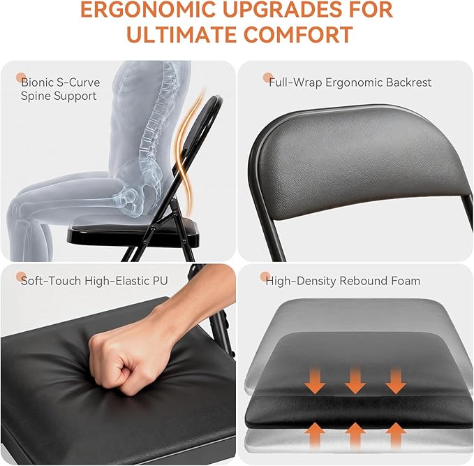 Upgrade 18% Thicker 6 Pack Folding Chair with Cushion Heavy Duty Folding Chair for Outside and Indoor Leather Padded Folding Chairs Durable Steel Frame for Home and Office Party