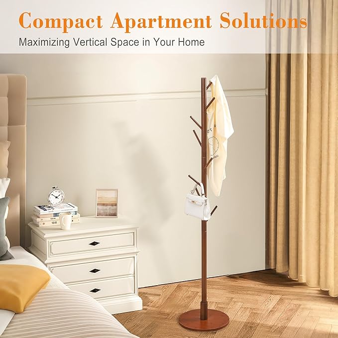 VECELO Coat Rack Freestanding, Entryway Hanger Stand, Umbrella Holder, Hall Tree With Hooks, Floor Standing Metal Tree Stand,Walnut