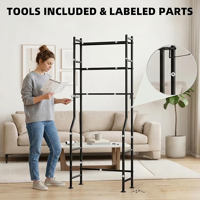 GloTika 3-Tier Over Toilet Storage with Anti-Tilt Safety System - 150lb Total Capacity Metal Bathroom Shelves Including Paper Holder & 4 Hooks, Space Saving Above Commode Organizer (64" H, Black)
