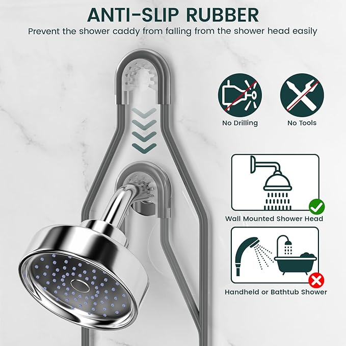 REINHARDT Shower Caddy Hanging Adjustable, Extended Length Rustproof Shower Caddy Over Shower Head with Hooks Soap Holder, Large Capacity Shower Organizer Anti-Swing Bathroom Organizer, Grey