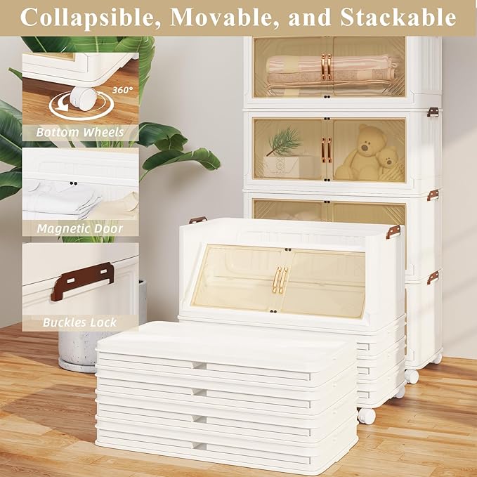 Storage Bins with Lid, 120 Gal/480 Qt Capacity, 4 Pack Large Stackable Storage Bins with Lid, White Collapsible Lidded Bins with Wheels, Customizable, Foldable, for Home Organization