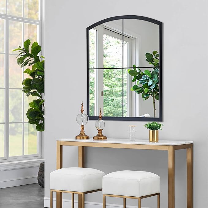 WAMIRRO Black Window Pane Mirror,Farmhouse Arched Grid Mirrors for Fireplace/Entryway/Hallway/Living Room 28"X36"