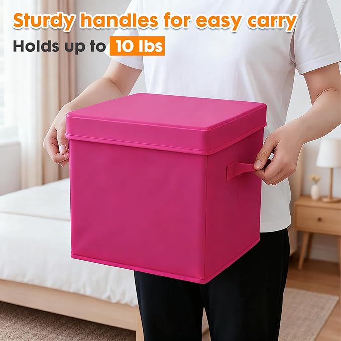 ShellKingdom Storage Bins, Foldable Fabric Storage Cubes with Lid, Clothes Storage Organizer Drawer For Closet Toys Storage, 13 X 13 X 13 INCH, 2 Pack (Fuchsia)