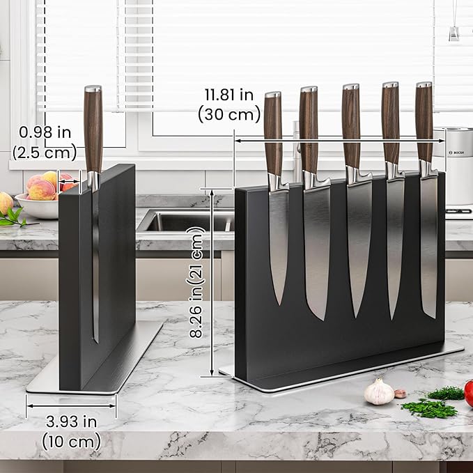 THMINS Magnetic Knife Holder, Double-Sided Magnetic Knife Block, 304 Stainless Steel Knife Holder for Kitchen Counter, Black Knife Stand
