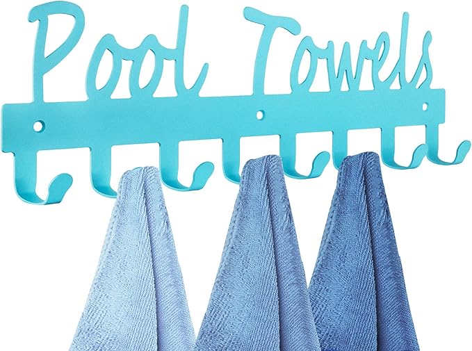 Pool Towel Rack for Bathroom Wall Mount Towel Hooks Towel Holder Carbon Steel Hanger Organizer Indoor Outdoor for Robe, Towel, Coat, Swimsuit, Umbrella, Bag, Keys(Blue)