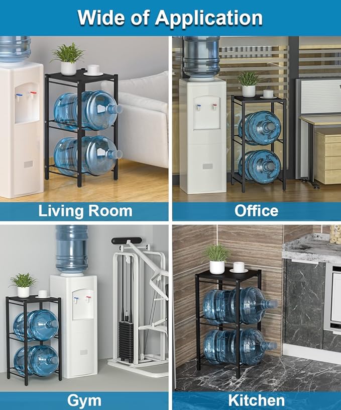 mocomax 5 Gallon Water Jug Rack, 3 Tier Detachable Water Bottle Holder With Storage Shelf, Heavy Duty Water Jug Dispenser Stand Organizer for Kitchen, Office, Home, Black