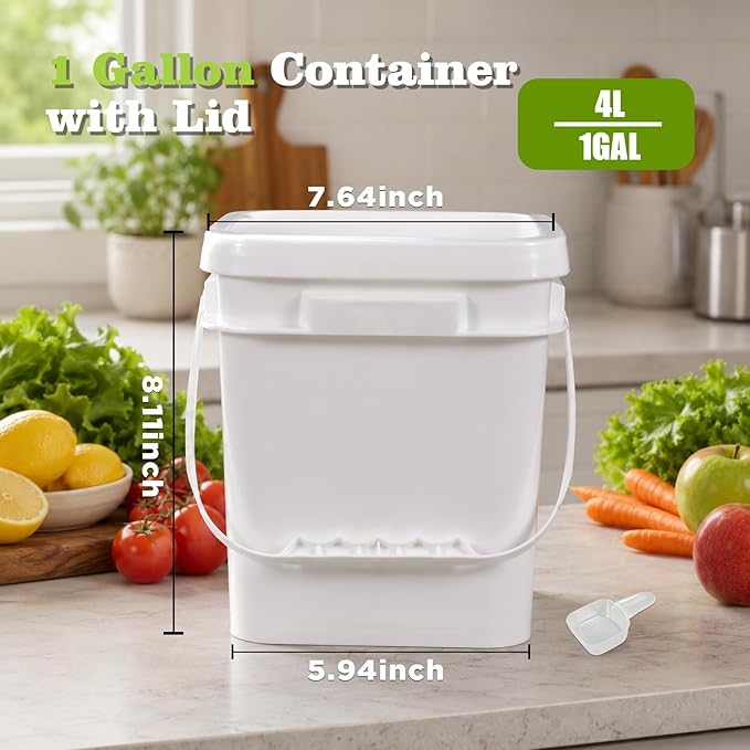 DEMORA 1Gallon Food Grade Square Plastic Bucket with Lid, Clear Airtight Storage Container, Reusable Pail for Kitchen Food Water Ice Cream Household Use 4Pcs (2 White+2 Transparent)