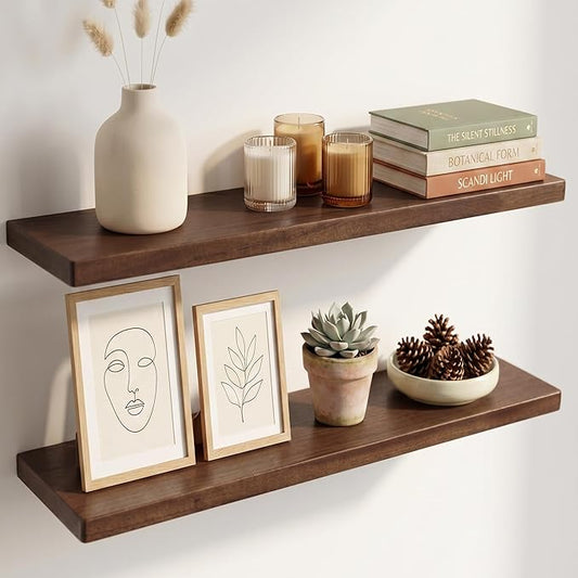 40 Inch Floating Shelves, Solid Wood Wall Shelves, 8 Inch Deep Floating Shelf – for Bathroom, Bedroom, Living Room, Kitchen, Home Decor & Storage, Heavy-Duty Wooden Shelf Wall-Mounted, Set of 2