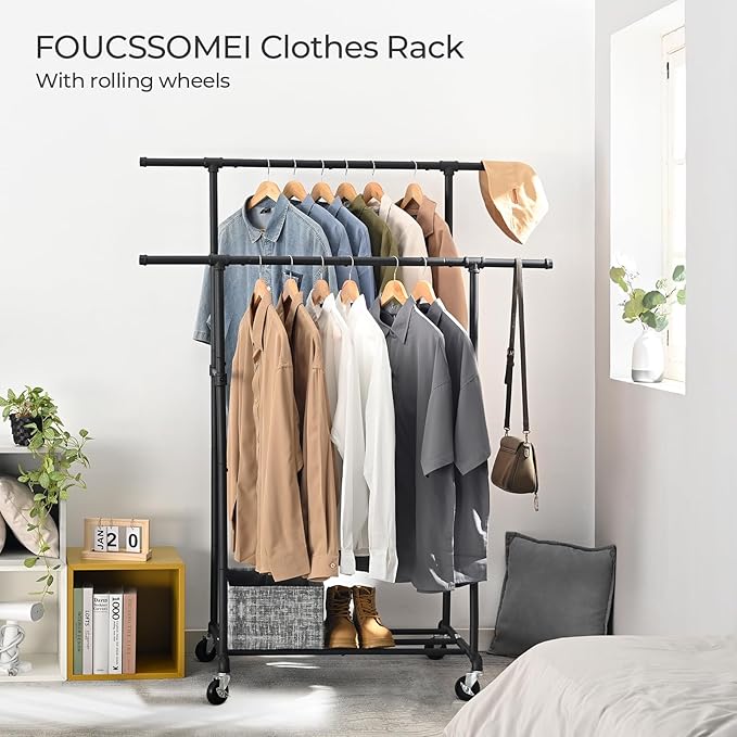 FOUCSSOMEI Heavy Duty Clothes Rack, Rolling Clothing Rack, Garment Rack with Wheels, Double Rod, Max 400Lbs, Black
