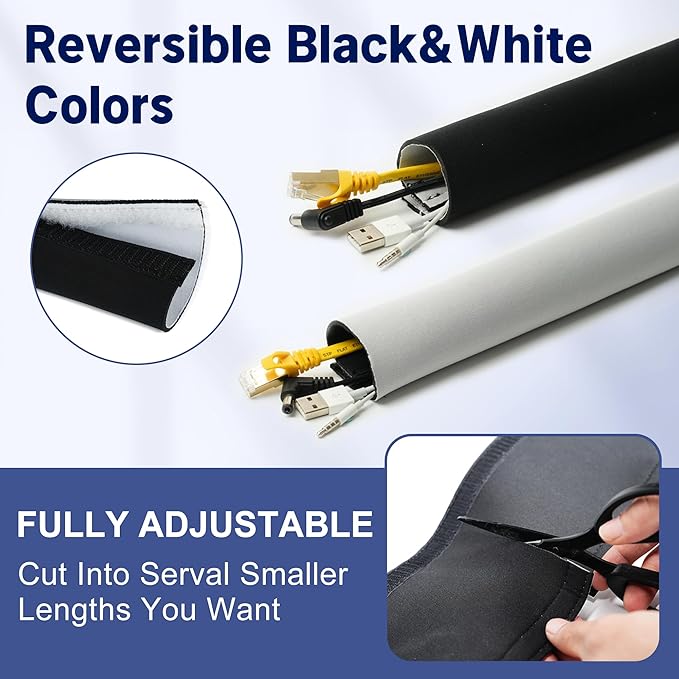 Cable Management Sleeve 3.3ft (40 inch) - 1.5 inch, Hook-and-Loop Cuttable Neoprene Cord Organizer, Split Wire Reversible Cord Protector for TV USB PC Ethernet Cable Hider Protect Pets Kids