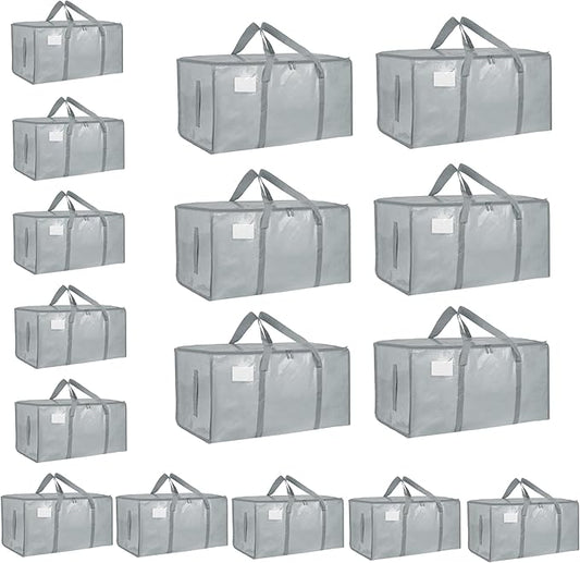 16 Pack-Extra Large Heavy Duty Moving Bags - Waterproof Storage Totes with Handles & Zippers, Foldable for College Dorm, Storage (Light Gray)
