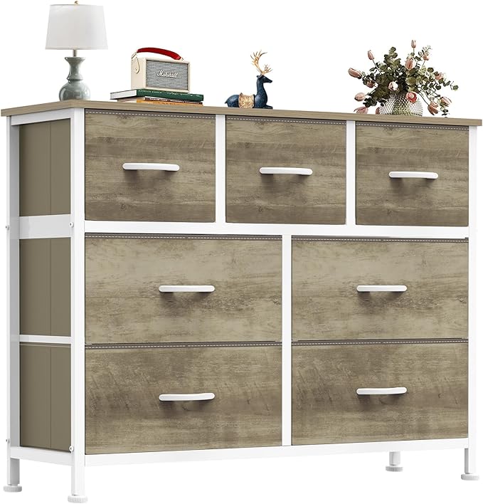 OLIXIS 7 Drawers Dresser for Bedroom, Fabric Storage Tower for Living Room, Entryway - Sturdy Steel Frame, Wooden Top and Easy Pull Fabric Bins, Closet Chests Organizer for Clothes,Oak Greige