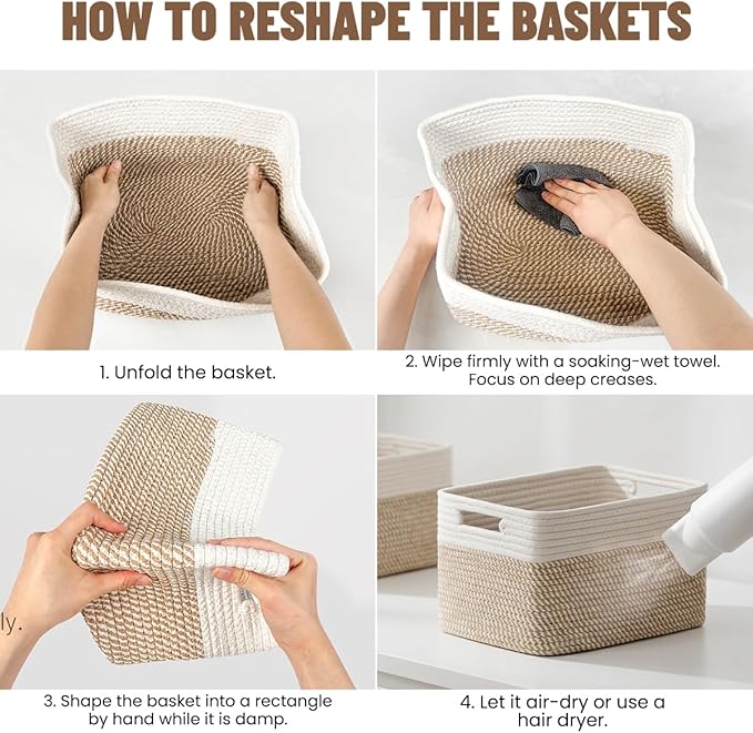 5 Pack Woven Storage Baskets for Shelves, Decorative Basket Organizer Storage Bins for Toys, Books, Clothes, Closet, Nursery, Bathroom – Cotton Rope Shelf Baskets for Organizing, Khaki & White