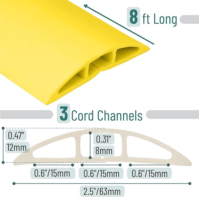 Bates- Floor Cord Cover, 8ft, Cable Cavity 0.6" (W) x 0.31" (H), Heavy Duty Wire Protector, PVC Extension Cords Hider, Protect Cords, Prevent Cable Trips, Cord Hider for Office, Home, Outdoor