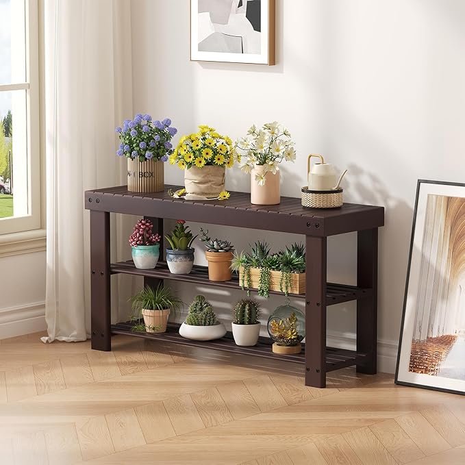 NEWBULIG Shoe Rack Bench, 3-Tier Bamboo Shoe Organizer, Wooden Entryway Storage Bench, 286 lb Load Capacity, 11.2x35.5x17.9 Inches, for Entryway Bathroom Bedroom Balcony, Brown
