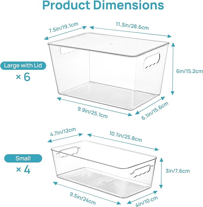 Vtopmart 10 Pack Clear Plastic Storage Bins with Lid Set, 6 Large and 4 Small Pantry Organizers and Storage Bins with Handle, Storage Containers for Pantry, Kitchen, Fridge, Cabinet Organization
