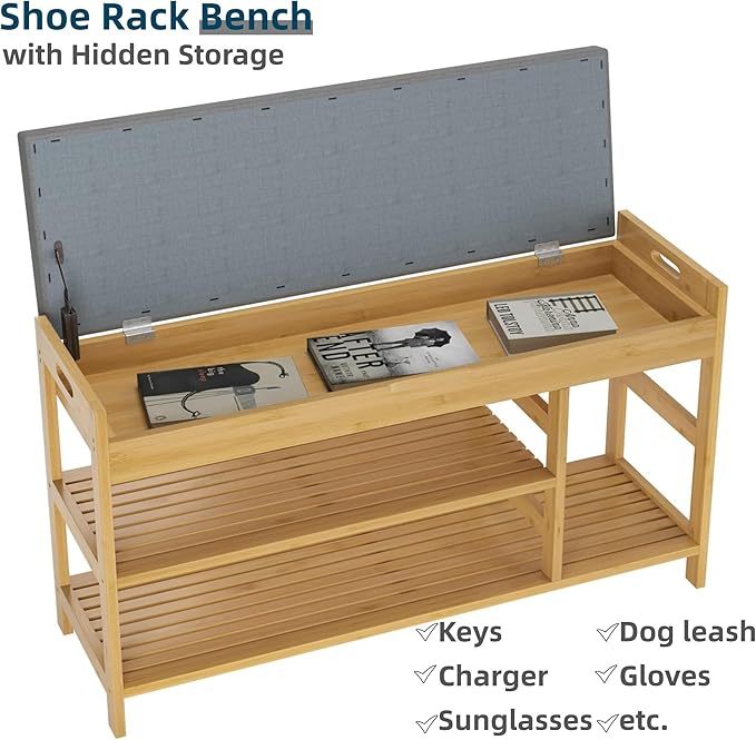 HIFIT 2-Tier Entryway Shoe Rack Bench with Storage, 36 in Bamboo Storage Bench with Padded Seat, Shoe Oiganizer Shelf for Entryway Mudroom Bathroom Hallway, Natural