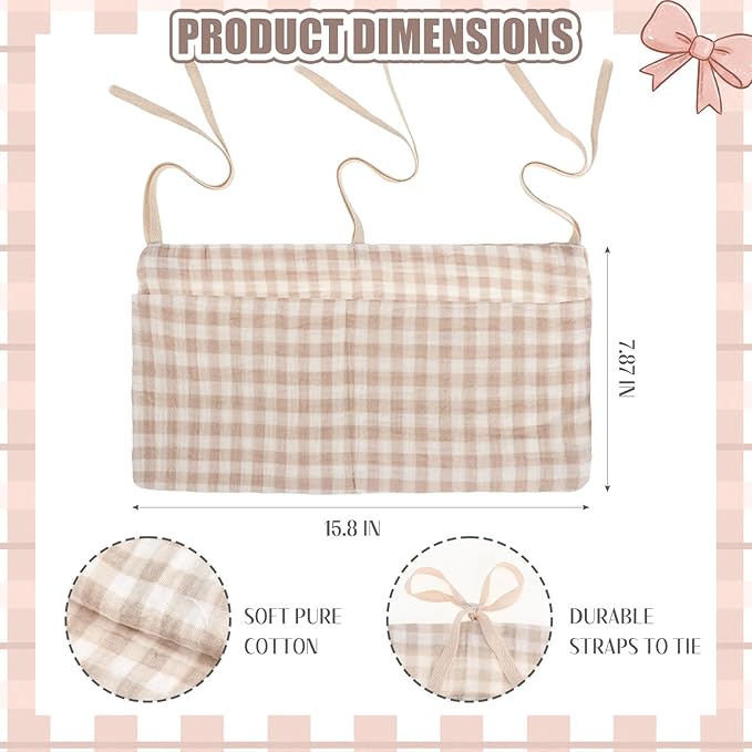 Gingham Crib Organizer Hanging Cotton Baby Bedside Hanging Storage Bag Storage Crib Organizer Baby Nappy(Beige)