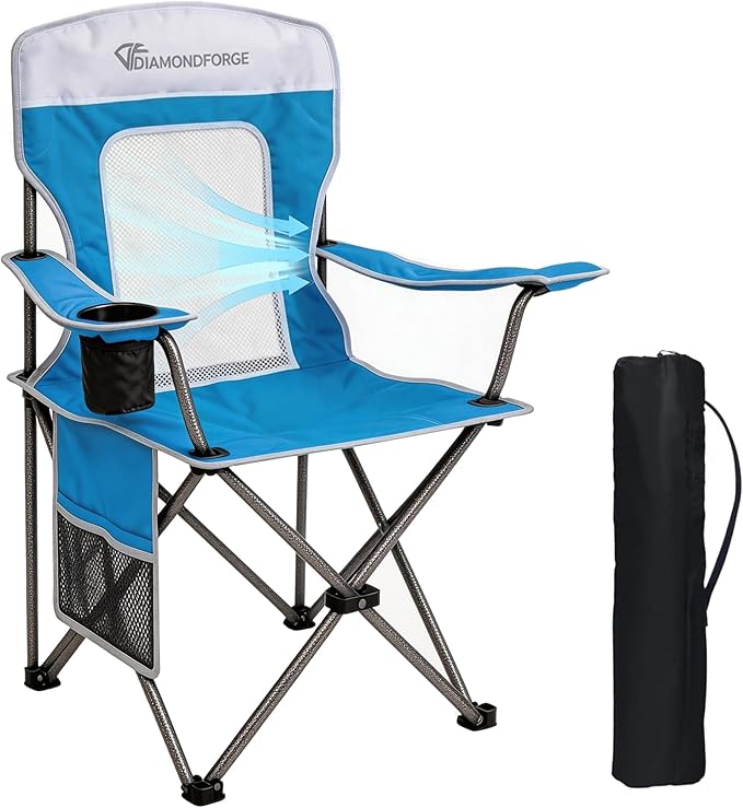 Camping Chairs, High Back Breathable Mesh Camping Chair 300 LBS Capacity, Portable Outdoor Lawn Chairs Folding with Cup Holder for Picnic, Lawn, Beach, Fishing and Sports (Blue White)