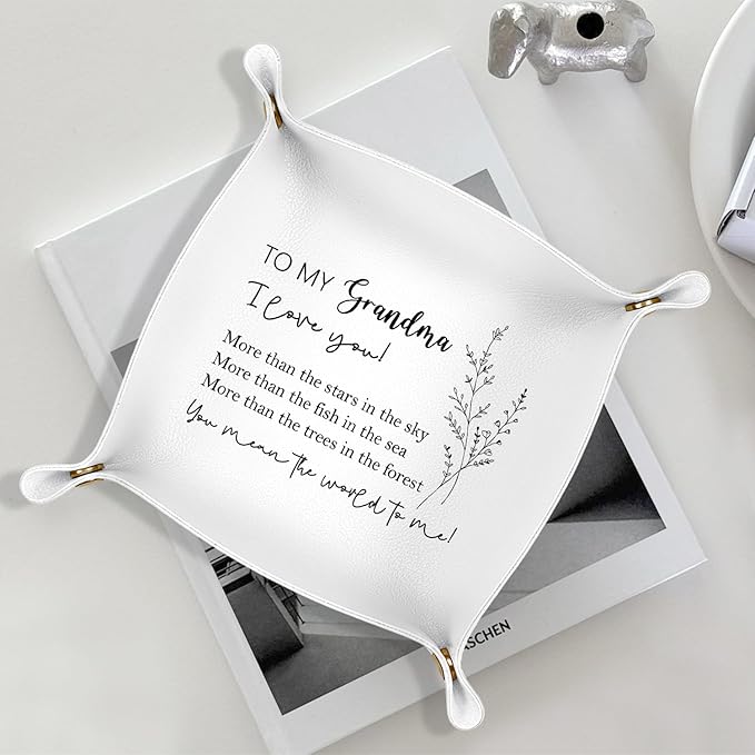 Mother s Day Gifts for Mom,Grandma Gifts Leather Jewelry Valet Tray,Best Grandma Gift from Grandkids PU Leather Catchall Beside Caddy Nightstand Organizer Tray for Jewelry Rings Watches Keys