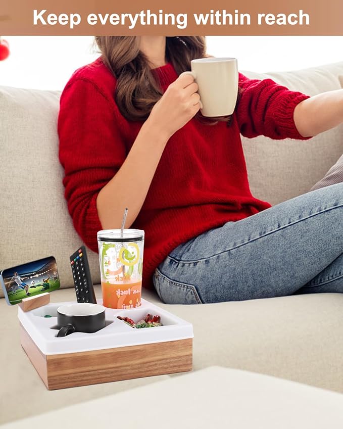 Couch Cup Holder Tray, Silicone Acacia Wooden Couch Caddy with Cup Holder for Snacks, Drinks, Remotes, Waterproof Cup Holder for Couch, Organizer, Couch Drink Holder, Pillow