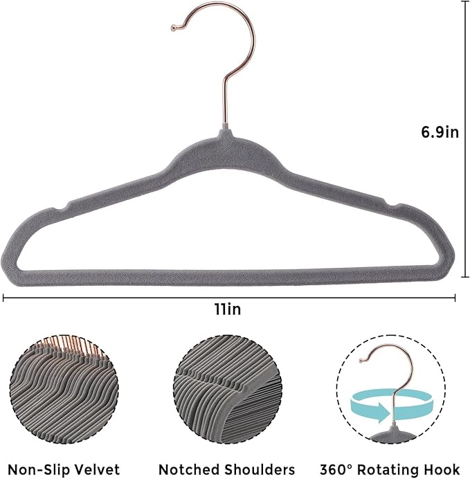 Tonswachic Baby Velvet Hangers 50 Pack - 11 Inch Non-Slip Felt Kids Hanger for Newborn Clothes - Small Toddler Child Hangers Durable for Every Use - 10 Hanger Clips Included, Gray