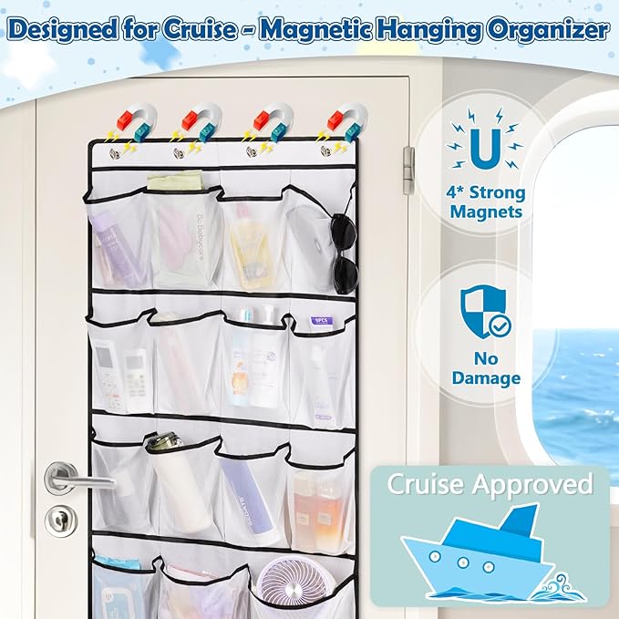 Over The Door Cruise Ship Organizer - Cruise Ship Magnetic Door Organizer with 21 Size-Graded Pockets, Hanging Magnetic Cruise Storage Shoe Rack for Cabin, 2026 Cruise Essential, 12 Hooks(White)