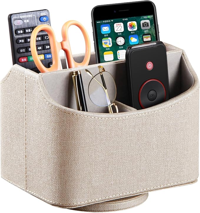PUSU Leather 360°Rotatable Remote Control Holder,Nightstand TV Remote Caddy,Office Supplies Desktop Organizer,Spinning Storage Box for Pen,Mail,Phone,DVD, Blu-Ray, Media Player, Heater Controllers