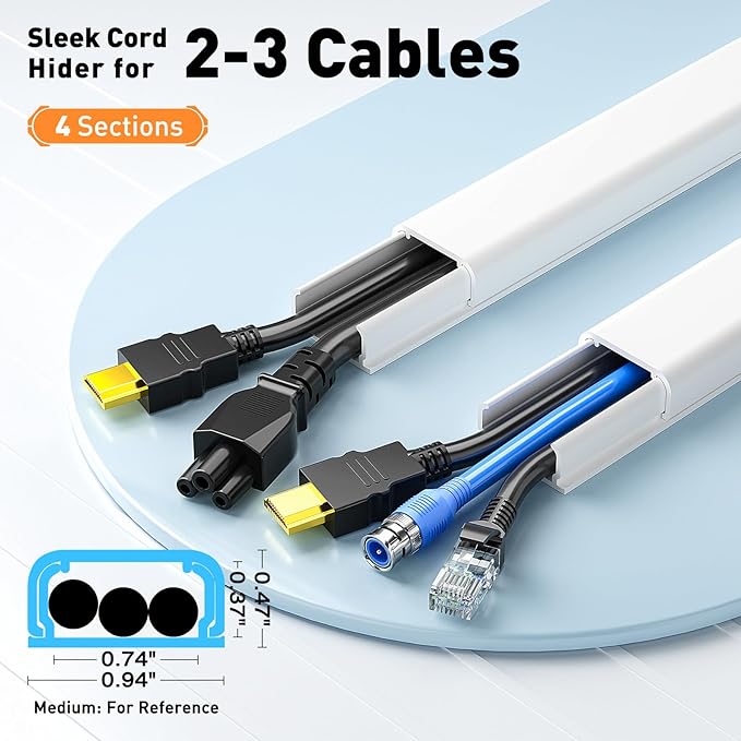 Delamu TV Cord Hider, Cord Covers for 2-3 Wires on Wall, Paintable Cable Hider Wire Covers for Cords, Easier Setup Wire Hiders for TV on Wall, Cable Cover Management to Hide Wires, W0.94H0.47in, White