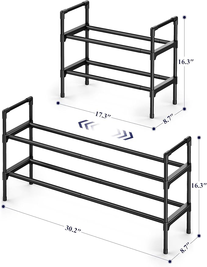 Kitsure Shoe Rack for Closet - Expandable Shoe Rack for Entrance, Rustproof Shoe Organizer for Entryway with Portable Handles, Black, 17.3″~30.2″L x 16.3″H