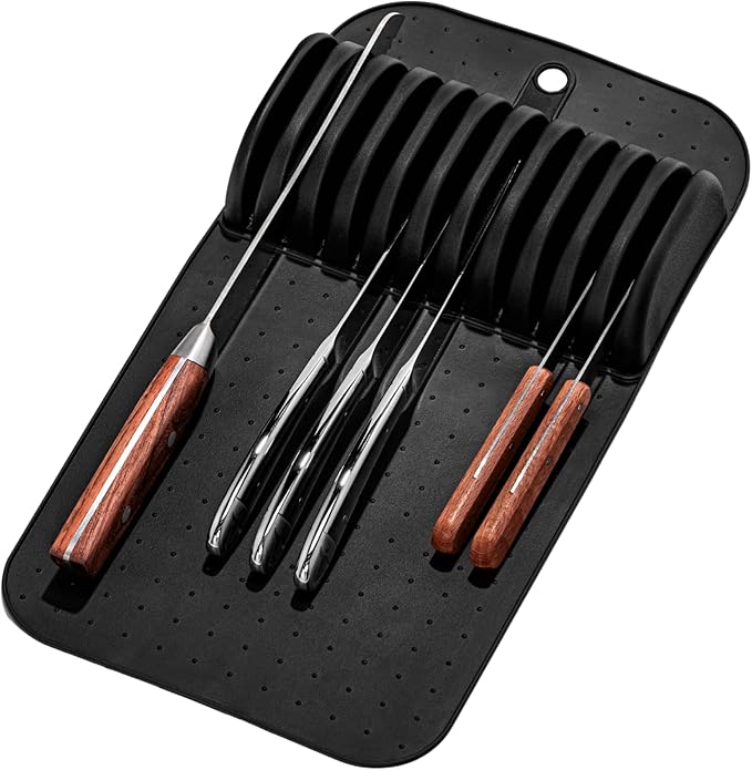 madesmart Large 11-Slot Knife Mat, Soft-Grip Non-Slip Kitchen Drawer Knife Organizer Insert for Medium & Large Knives, Black, 15” x 8”
