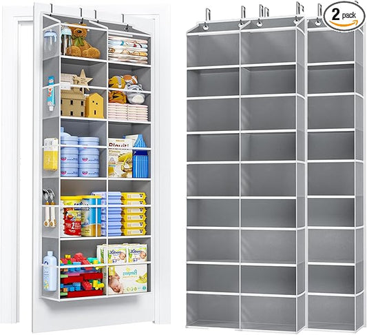 2 Pack 5-Tier Over The Door Organizer with 10 Side Mesh Pockets & Clear Windows, 80 lbs Weight Capacity Hanging Storage for Bathroom, Bedroom, Nursery, Kitchen, Organize Shoes, Diapers(Clear Grey)