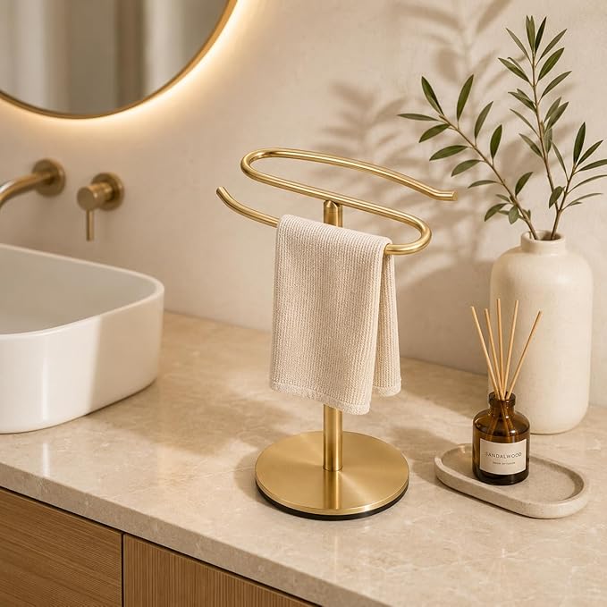 Gold Hand Towel Holder Stand,13 Inch Free-Standing Towel Rack, SUS304 Stainless Steel Towel Bar Rack Stand, Tower Bar for Bathroom Kitchen Vanity Countertop…
