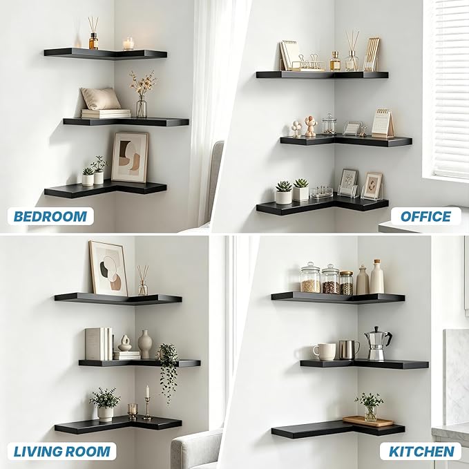 NATURE'S SOURCE Corner Floating Shelves with Invisible Brackets, Corner Shelves Wall Mounted Set of 3, Bedroom Bathroom Kitchen Living Room Office- Gothic Style 16.6" x 6" (Black)