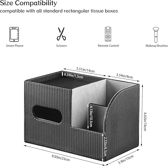 Modern PU Leather Cube Tissue Box Cover with Storage Tray, Multifunctional Remote Control Holder & Facial Tissue Dispenser Organizer for Nightstand, Bathroom, Bedroom, Office & Home Decor